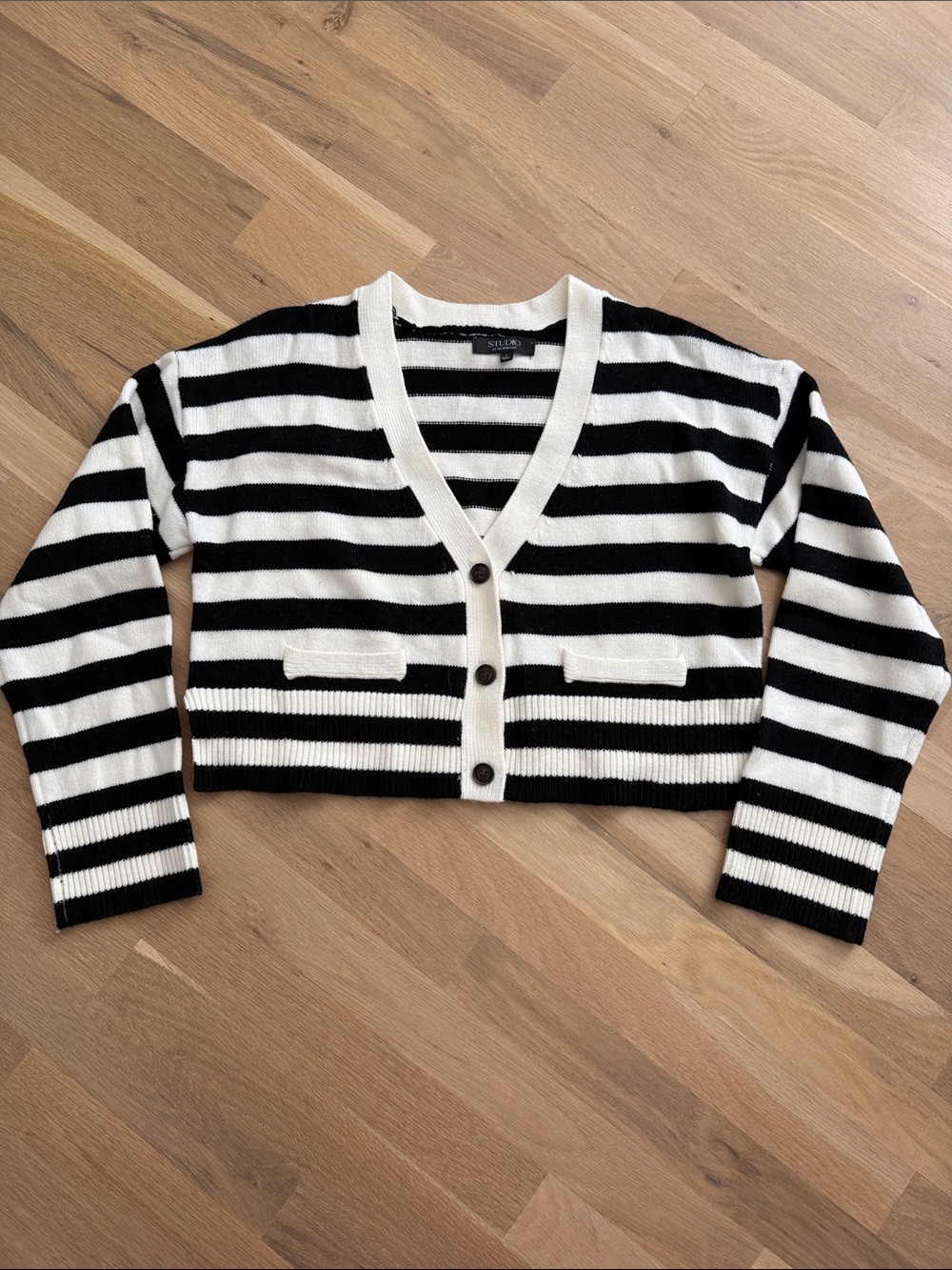 Cropped Black & White Striped V-Neck Cardigan